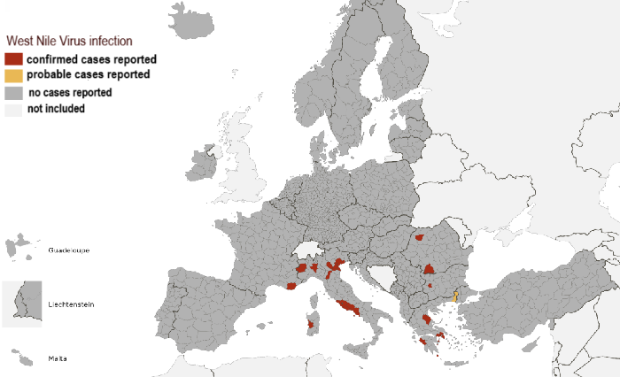 Mappa dei casi di Virus West Nile in Europa